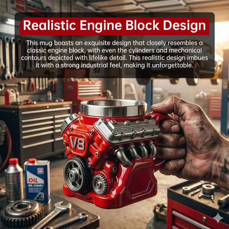 Automotive V8 engine mug stainless steel novelty cup