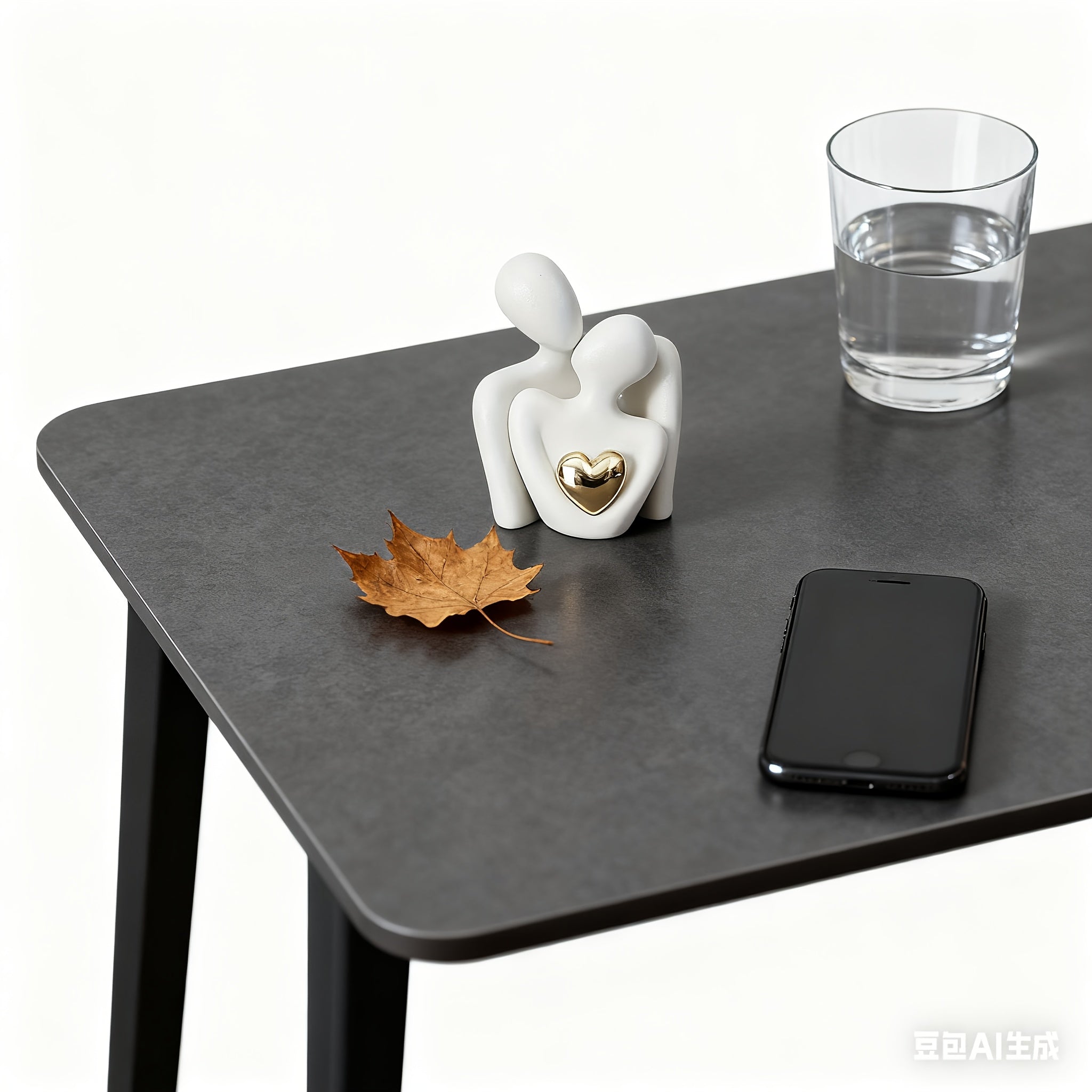 Black table with a phone, glass of water, leaf, and decorative figure on a white background