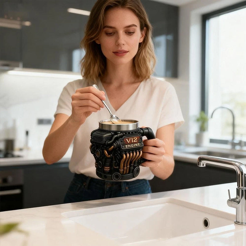 V8 engine design stainless steel mug for car enthusiasts