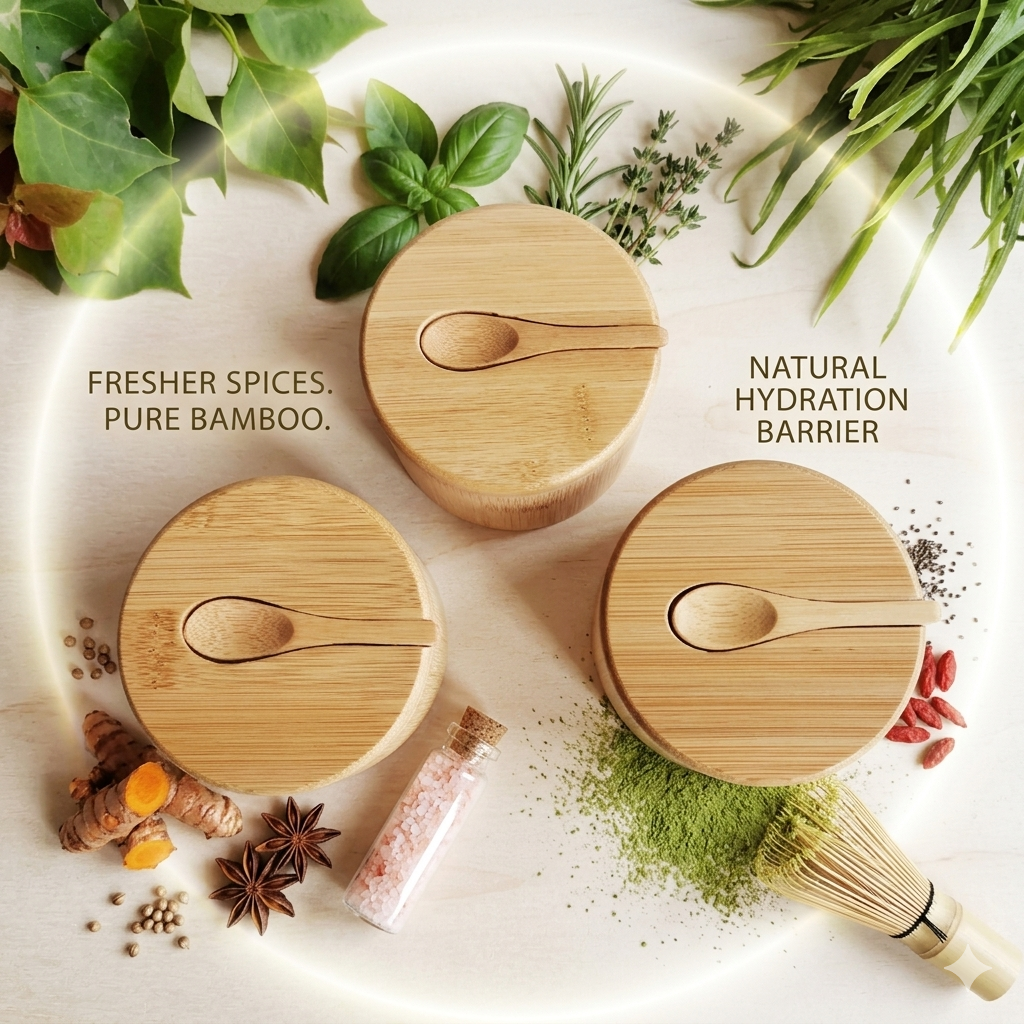 3 Piece Bamboo Spice Jar Set with Lids and Mini Serving Spoons