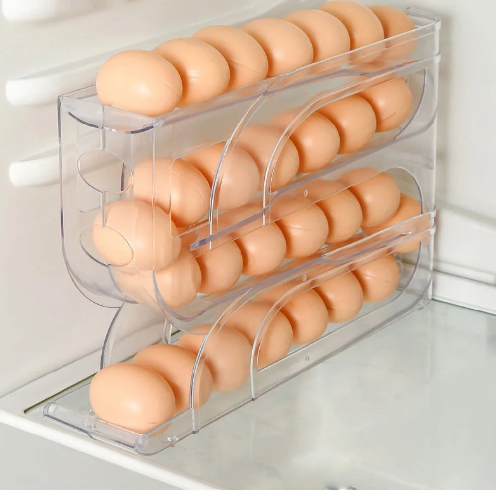 gravity automatic egg dispenser rolling eggs forward fridge organizer kitchen storage solution
