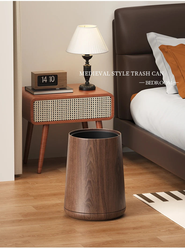 Leasylife Vintage Trash Can | Walnut Wood Pattern Metal Wastebasket for Bathroom & Living Room