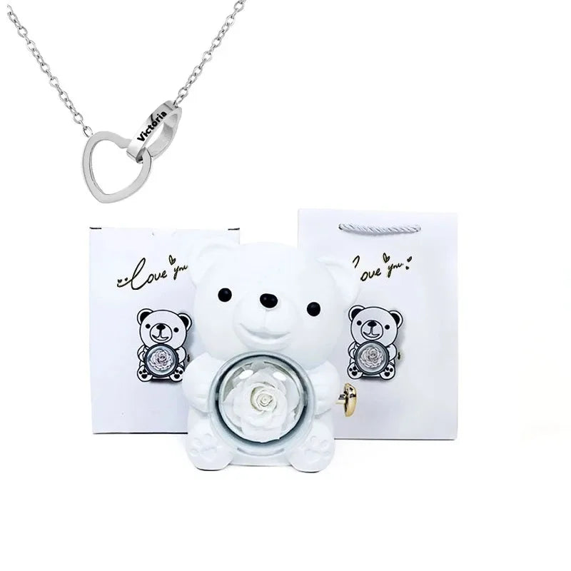 romantic teddy bear gift box with custom necklace inside