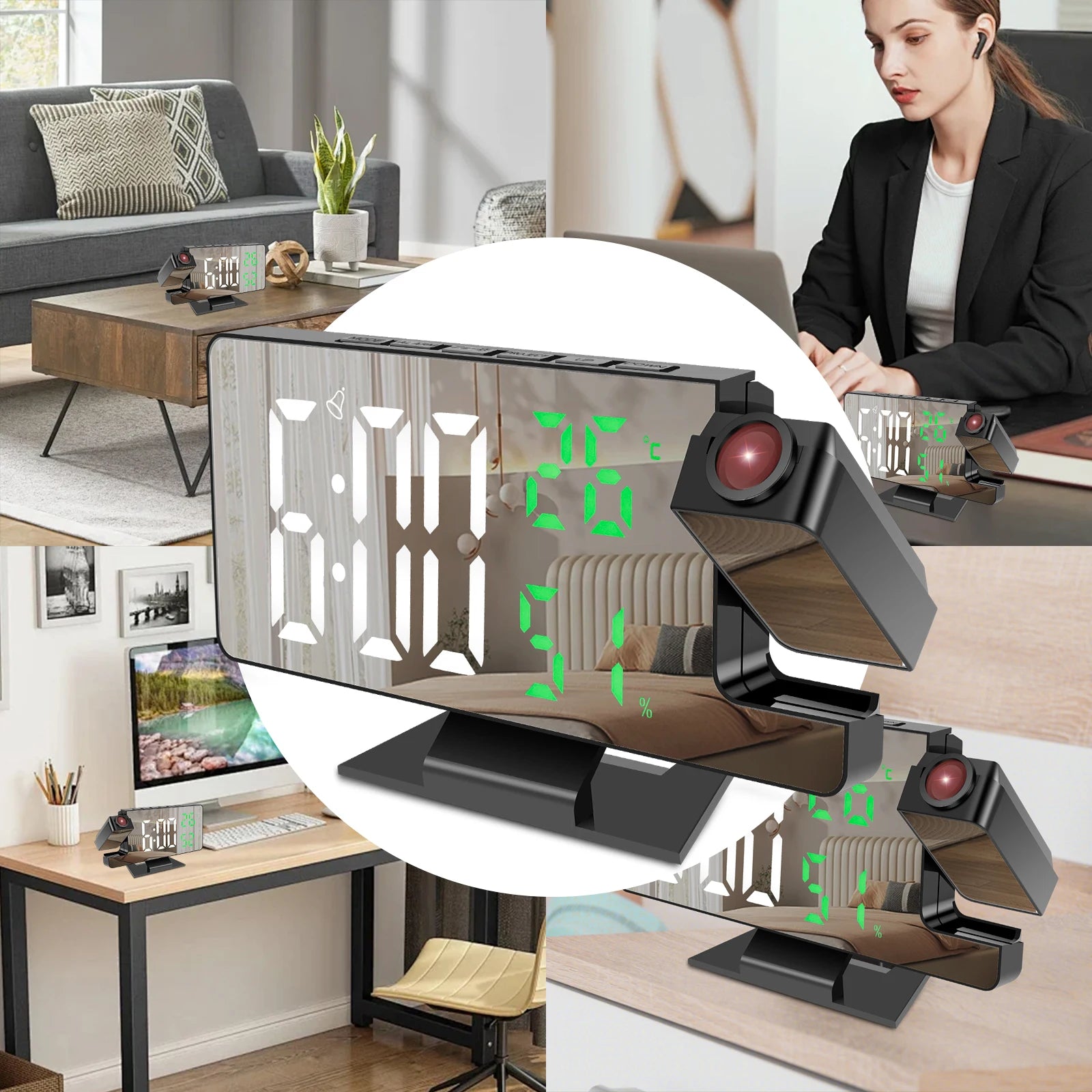 Digital LED clock with 180° rotatable projector and snooze mode