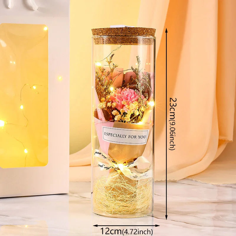 Preserved flower with soft LED light in glass dome display

