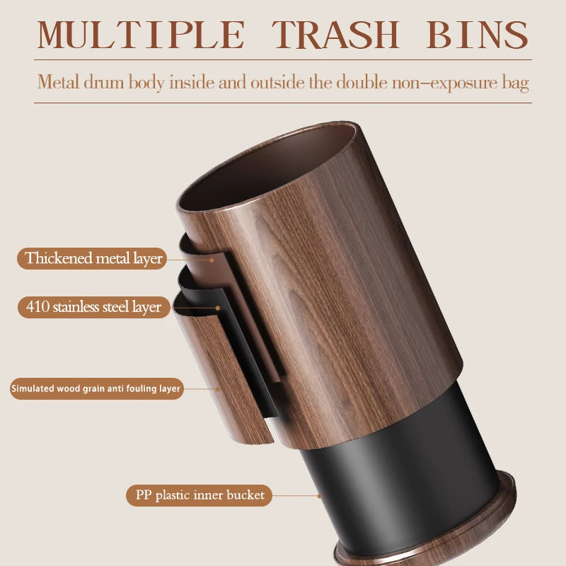 Leasylife Vintage Trash Can | Walnut Wood Pattern Metal Wastebasket for Bathroom & Living Room