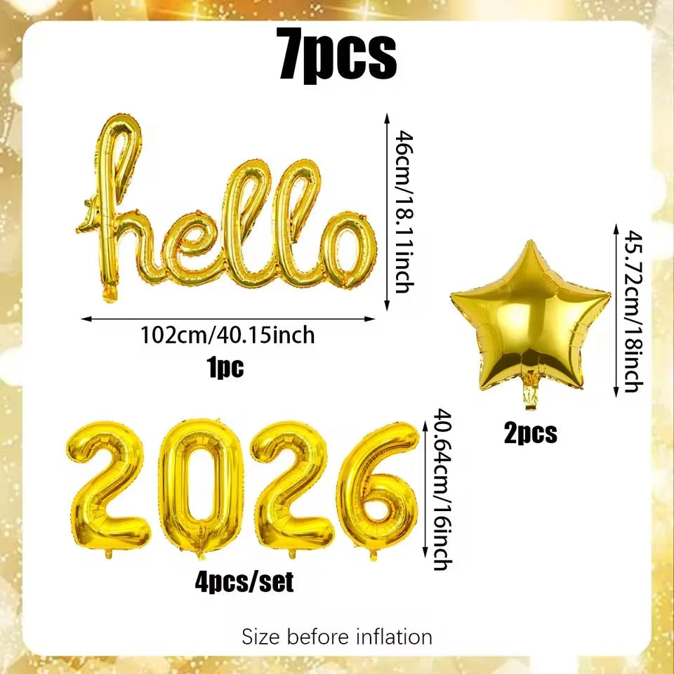 Hello 2026 New Year Aluminum Foil Balloon Set | Gold Hello & 2026 Number Balloons (7 PCS)