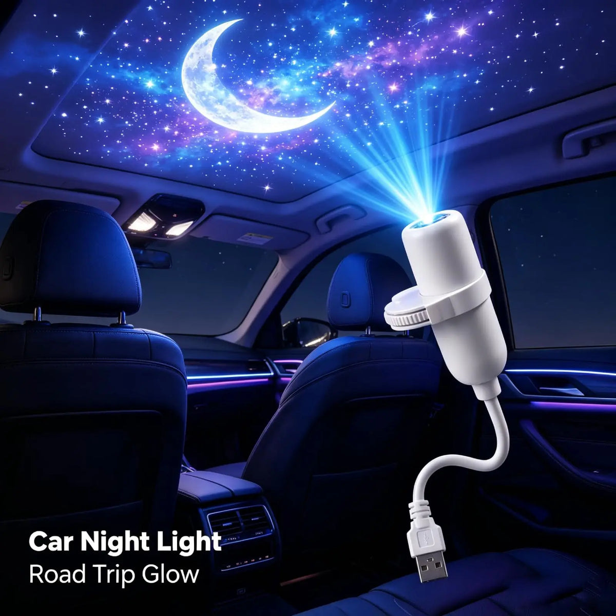 A car night light projector plugged into a car's USB port, casting a blue and purple starry sky and crescent moon light onto the car's sunroof. The product is shown inside a car interior with the text 'Car Night Light Road Trip Glow' in the bottom left corner.