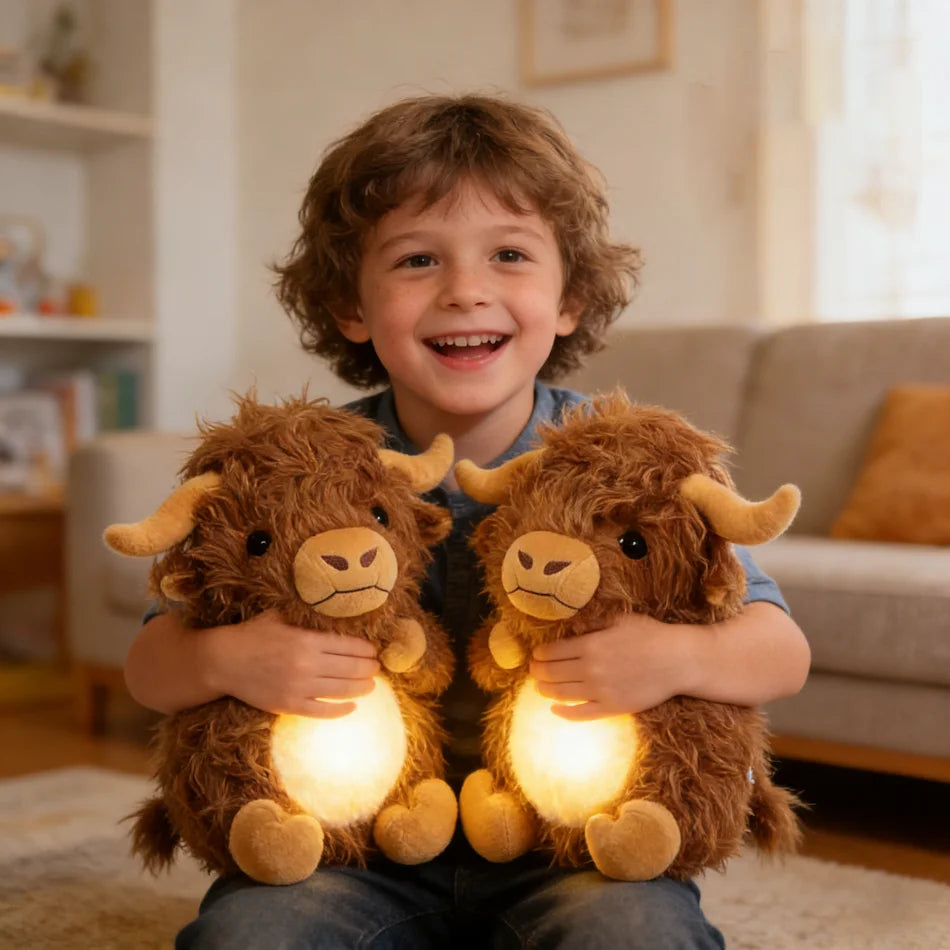 Child holding two lit plush Highland cows in a cozy living room.