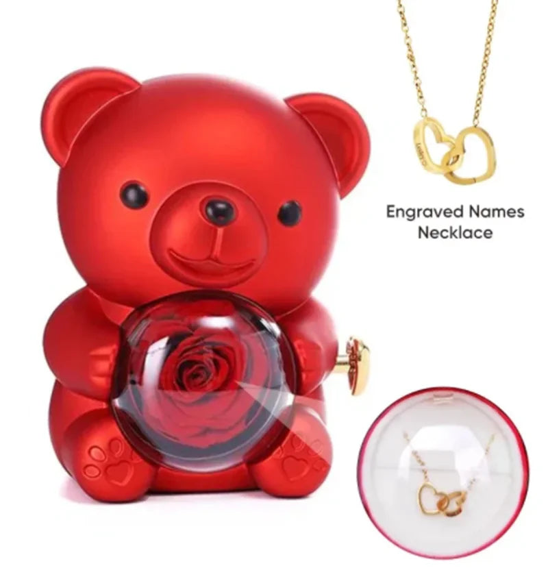 eternal rose teddy bear jewelry box with custom name necklace