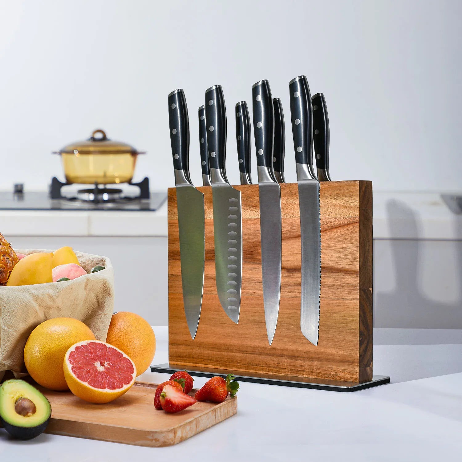Premium acacia wood knife block – magnetic double-sided kitchen knife holder USA