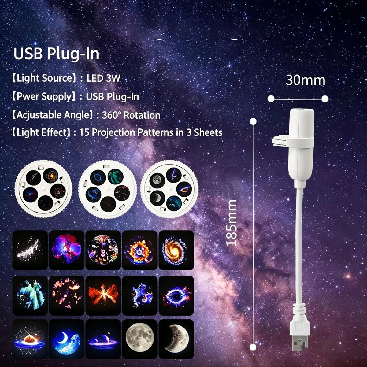 White USB plug-in adapter with a USB-A connector and a light-emitting plastic body, shown on a starry galaxy background with text listing features such as 185mm height, 30mm width, adjustable 360-degree rotation, and 15 projection patterns in 3 sheets.