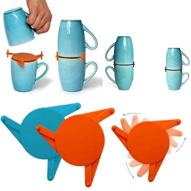 Blue mugs with orange clips on a white background