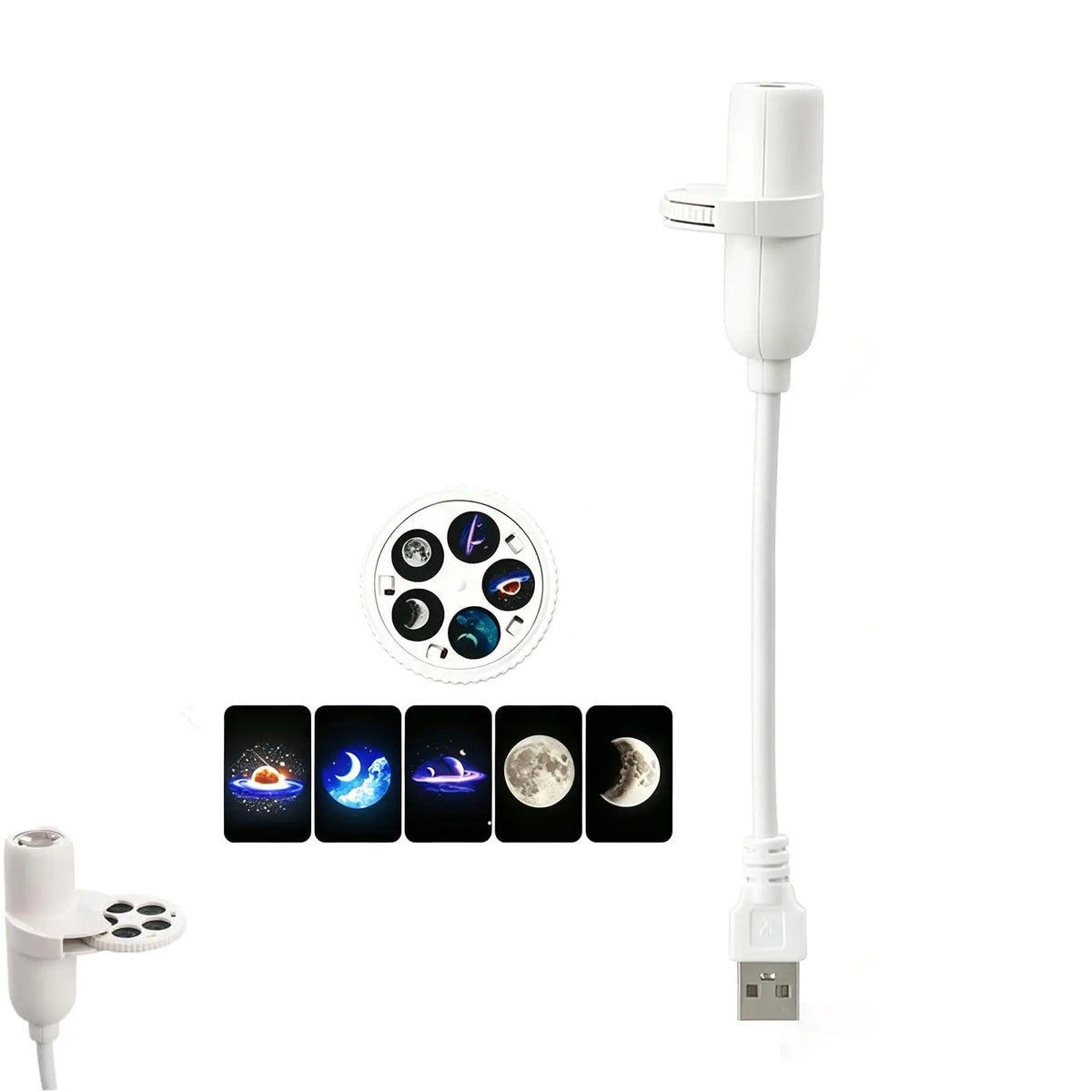 A white USB-controlled LED moon phase light with a flexible arm, shown alongside its round remote control and five sample moon phase screens on a plain white background.