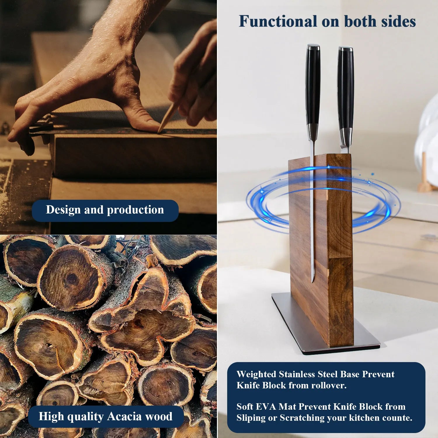 Magnetic knife block double-sided – acacia wood storage for chef and kitchen knives USA
