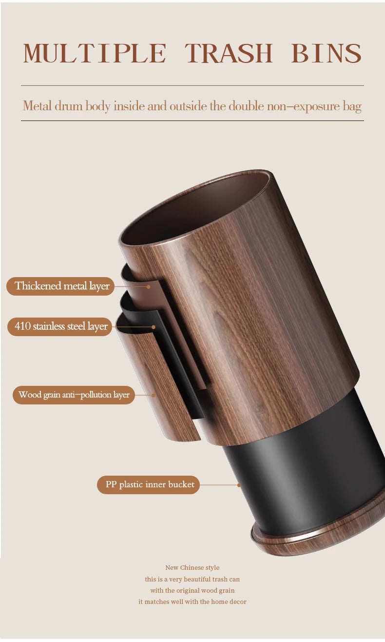 Leasylife Vintage Trash Can | Walnut Wood Pattern Metal Wastebasket for Bathroom & Living Room