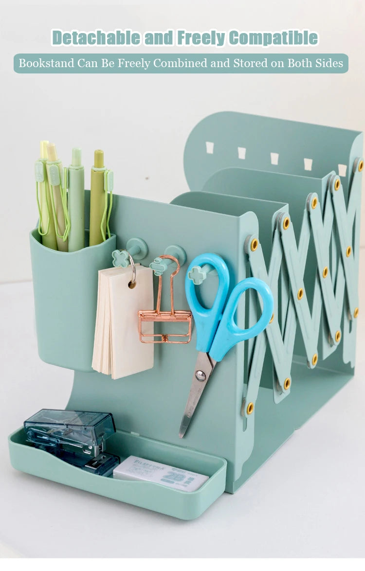 Metal desktop book holder – retractable book stand with pen and clip USA