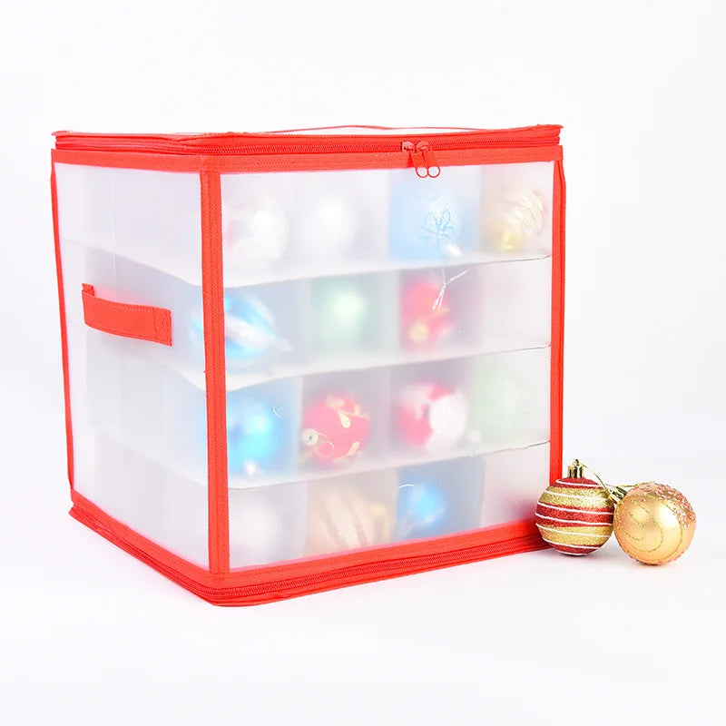 Clear viewing window on Christmas ornament storage box
