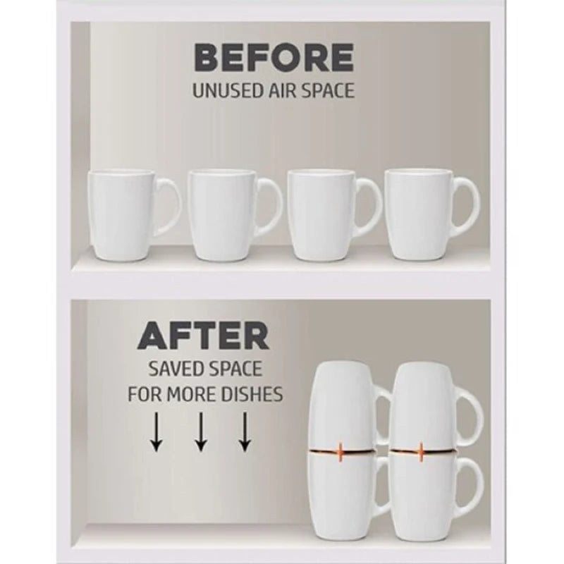 A before-and-after comparison graphic showing white ceramic mugs on a shelf. The top section labeled 'BEFORE UNUSED AIR SPACE' shows four empty white mugs with lots of empty shelf space above.