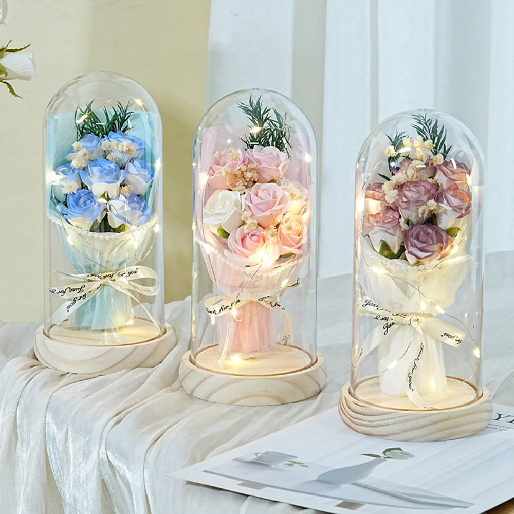 Luxury soap flower bouquet with acrylic dome for gifting
