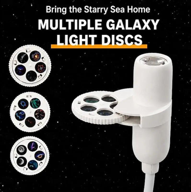 A white multi-galaxy light disc adapter shown on a black starry background with promotional text reading 'Bring the Starry Sea Home' and 'MULTIPLE GALAXY LIGHT DISCS.' Three circular views on the left show the disc designs, and one larger disc is attached to the white adapter on the right.