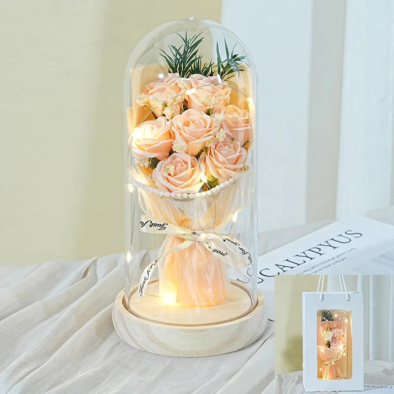 Elegant artificial flower bouquet with acrylic cover for gift
