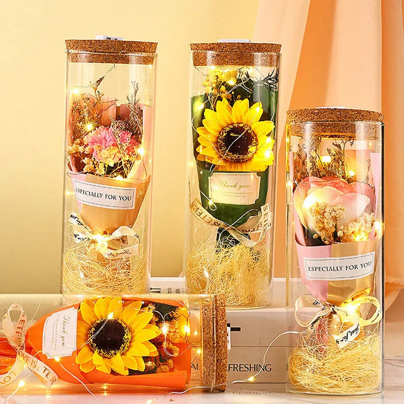 Preserved flower LED light glass dome table decoration
