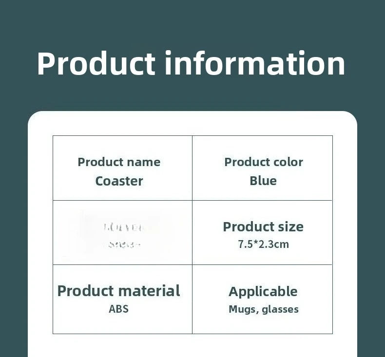 Product information chart showing details for a coaster: product name, color blue, size 7.5*2.