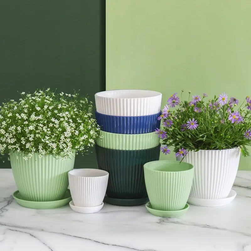 Round Flower Pot Planters with Tray for Succulents, Home & Garden