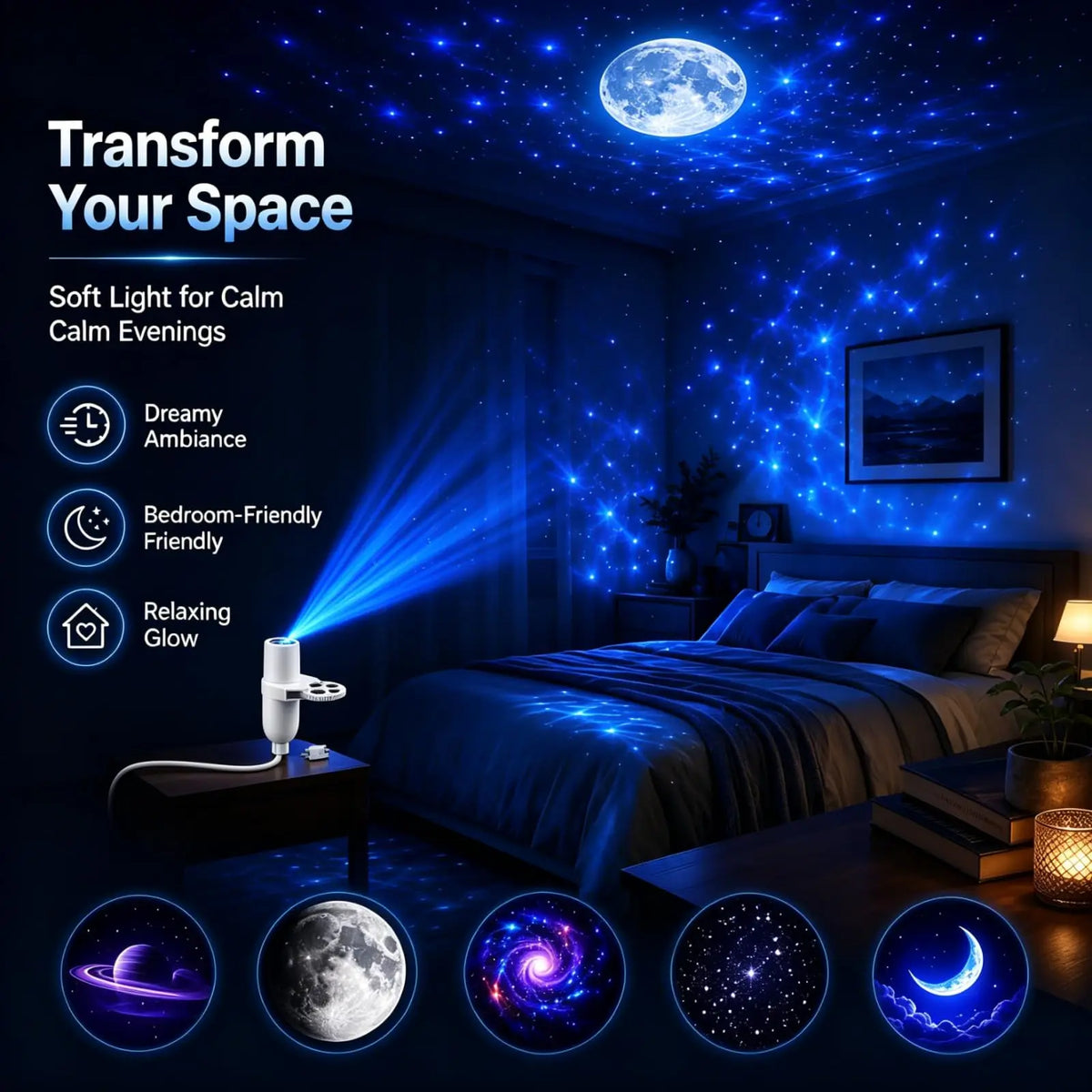 A bedroom scene showing a small projector lamp casting blue star and moon light across the ceiling and walls. Text on the left reads 'Transform Your Space' with feature callouts like dreamy ambiance, bedroom-friendly ambiance, and relaxing glow.