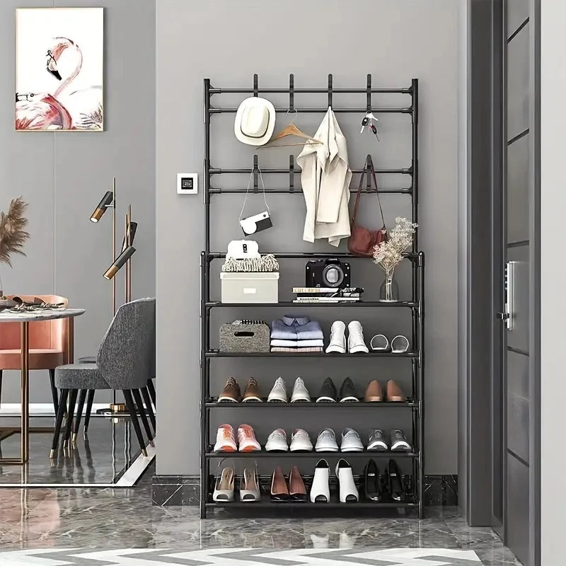 Metal Shoe Hanger and Double-Row Coat Rack Organizer