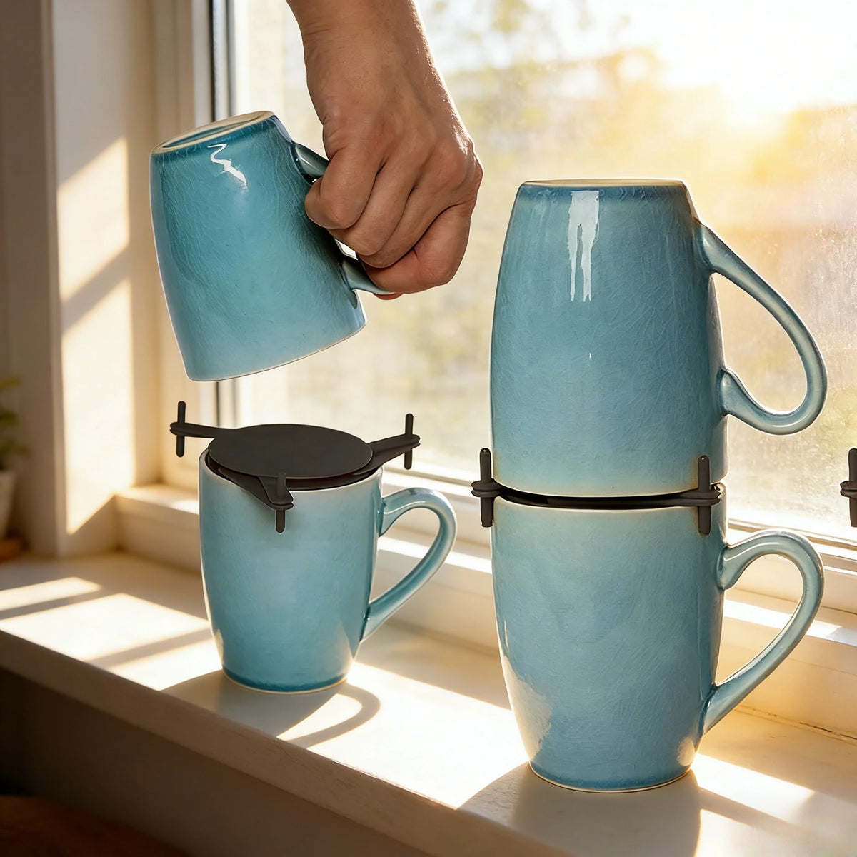 Set of blue ceramic mugs with a stacker on a windowsill.