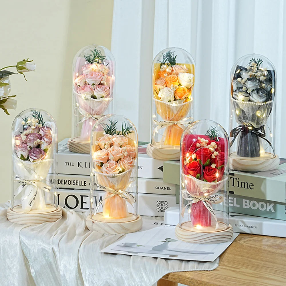 Eternal soap flower bouquet under transparent acrylic cover
