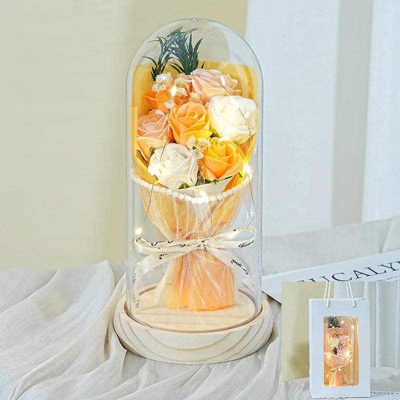 Artificial soap flower bouquet with acrylic cover gift
