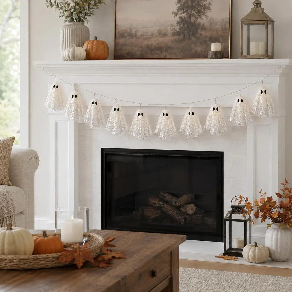 Halloween Ghost String Lights – Cream Lace Garland with 10 Ghosts