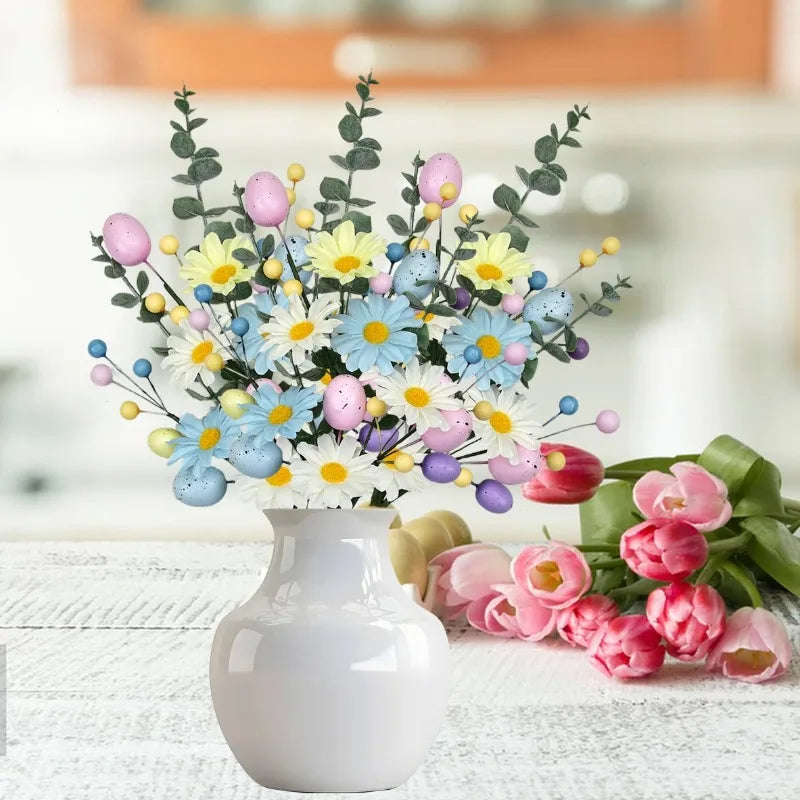45cm faux Easter egg stems – daisy, eucalyptus, and berries for vases USA