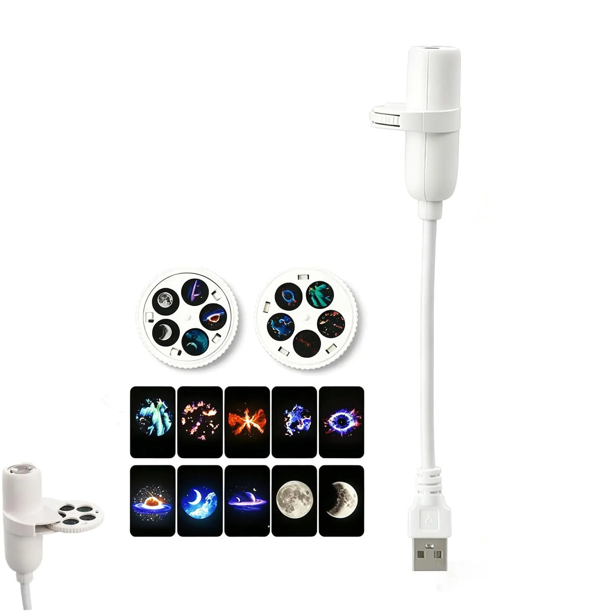 A white USB-controlled projector light bar with a circular head, shown alongside its control panel with multiple colorful projection patterns and a close-up of the connector.