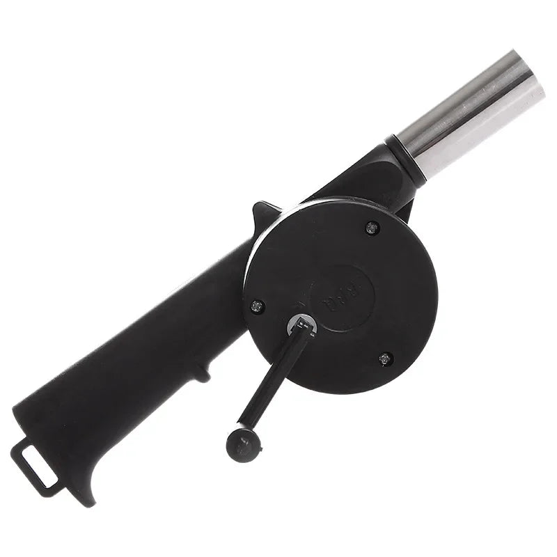 Black handheld tool with a metallic nozzle on a white background