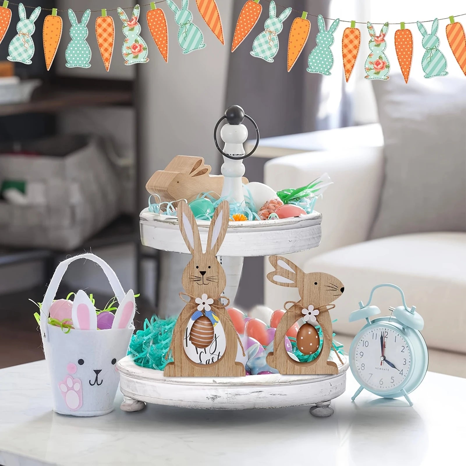 Farmhouse style Easter bunny decorations for table centerpiece