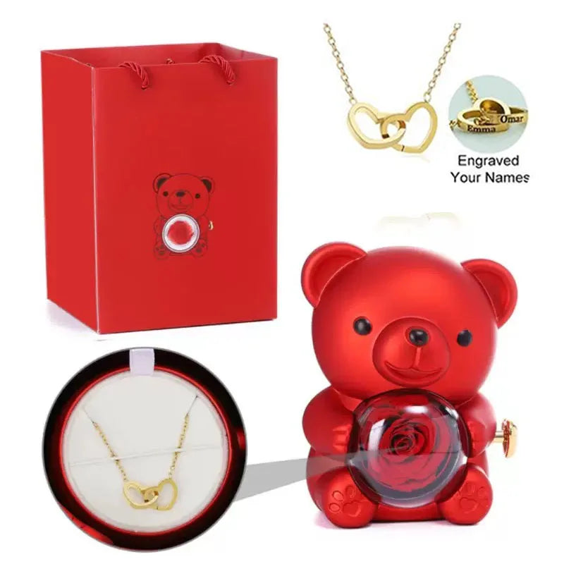 customized teddy bear jewelry box with heart necklace