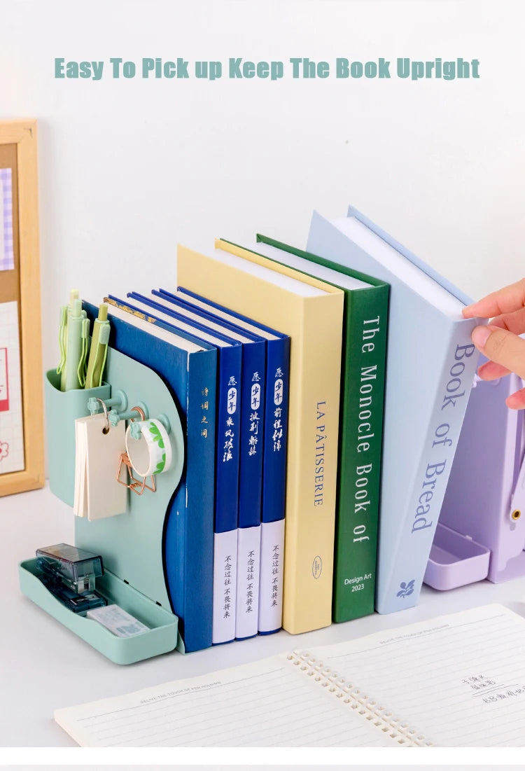 Retractable metal book rack – desktop book stand with clip and pen holder USA