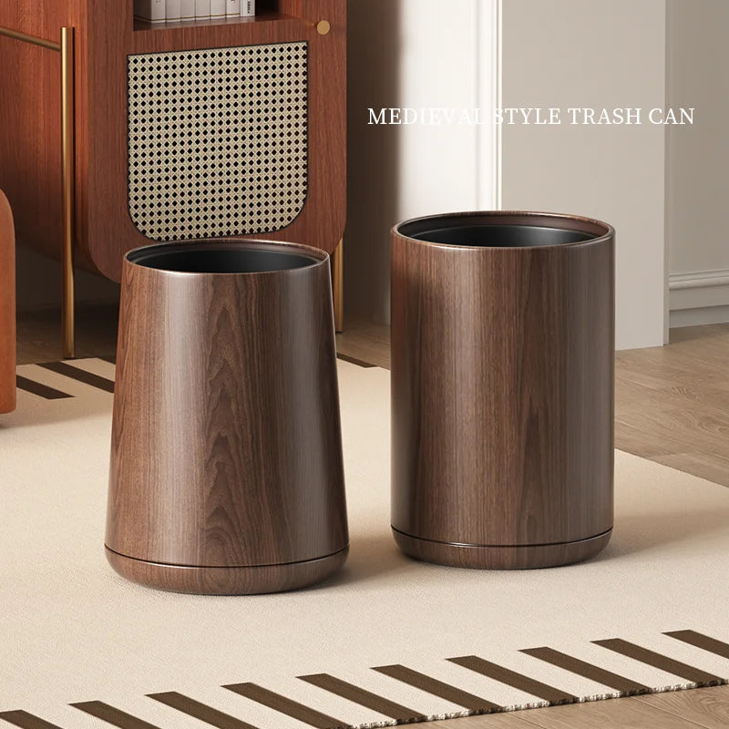 Leasylife Vintage Trash Can | Walnut Wood Pattern Metal Wastebasket for Bathroom & Living Room