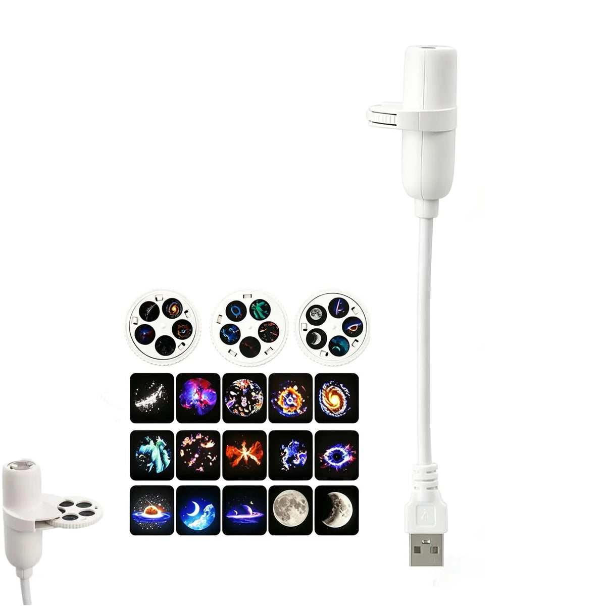 White USB light therapy wand with a cylindrical head and flexible arm, shown alongside circular head attachments and sample light patterns on a plain white background.
