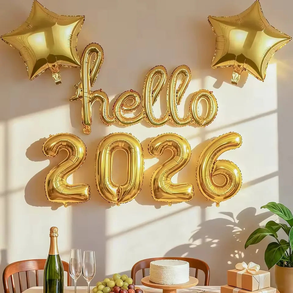Hello 2026 New Year Aluminum Foil Balloon Set | Gold Hello & 2026 Number Balloons (7 PCS)
