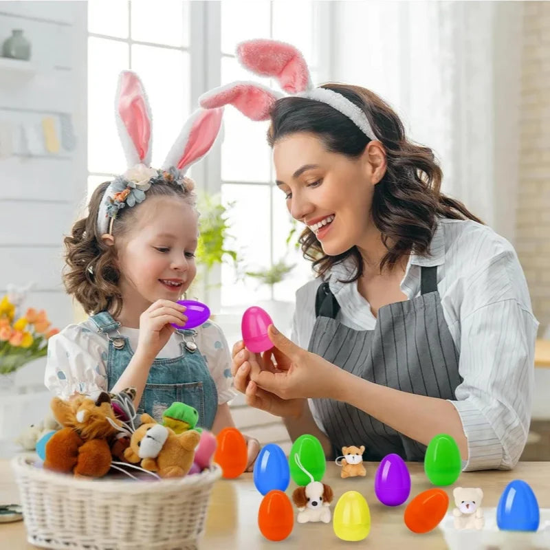 Mother and daughter opening colorful plastic Easter eggs filled with cute mini plush toys at home