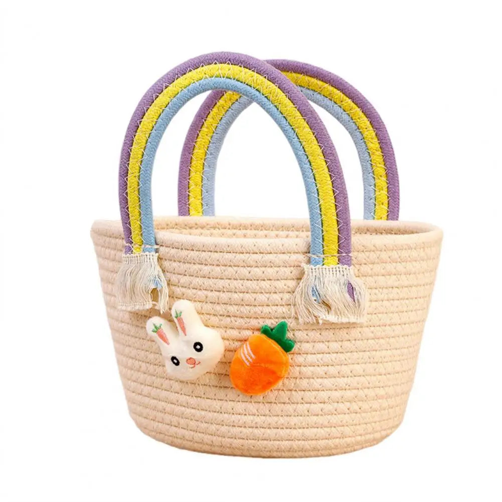 Easter Woven Bunny Basket with Handle Cotton Gift Basket for Egg Hunt