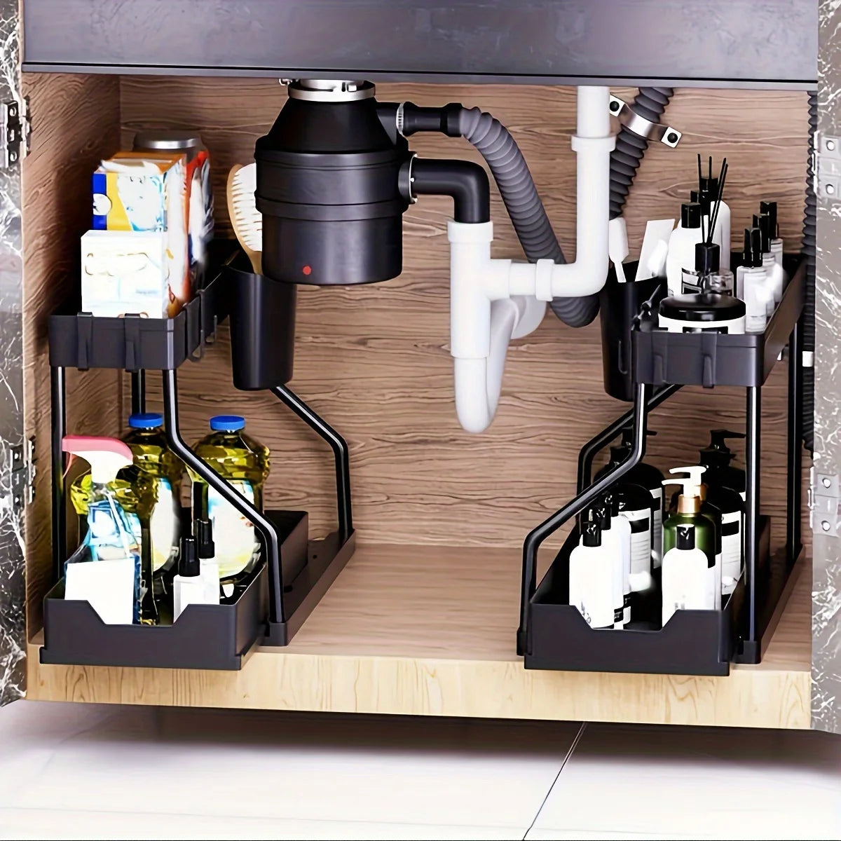 2 Pack 2-Tire Pull Out Under Sink Organizer Double Layer Kitchen Storage Shelf