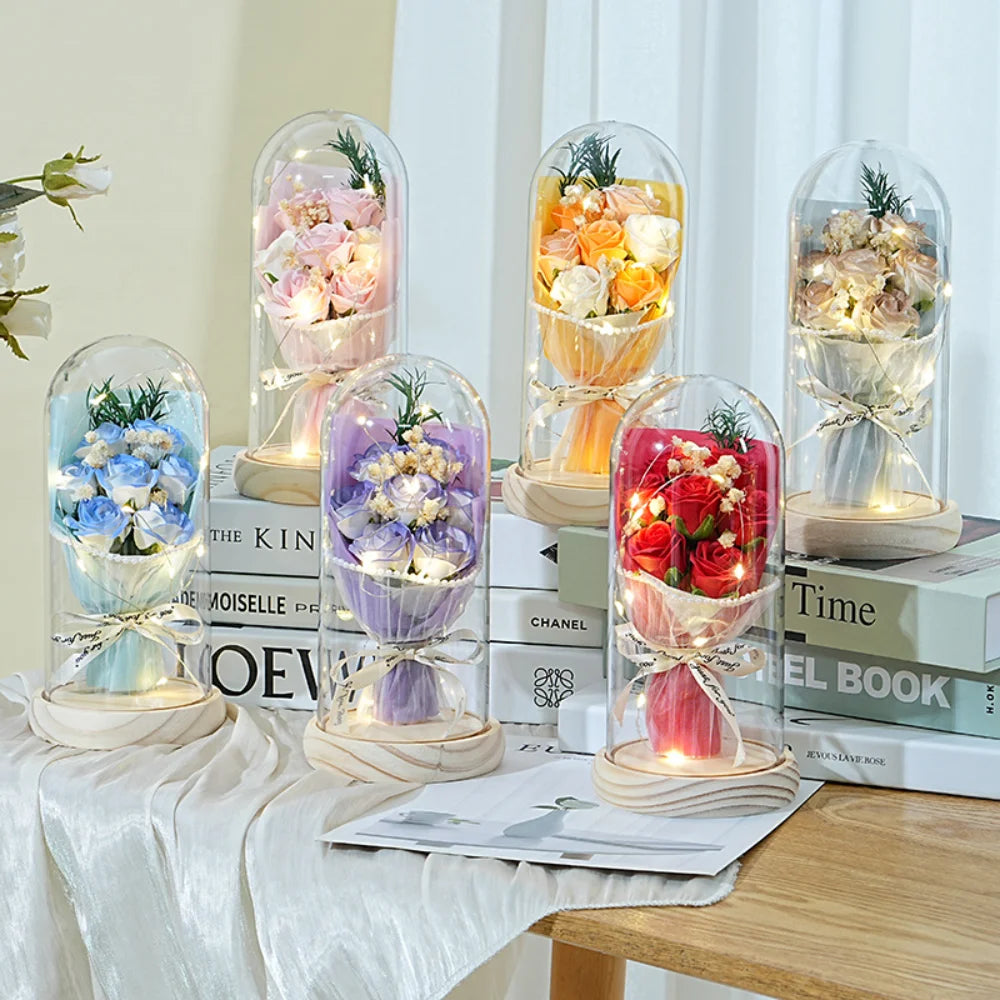 Artificial soap flower bouquet with acrylic cover and LED light

