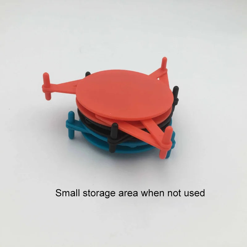 A small plastic storage container or organizer with a red top lid and blue base, shown on a plain white background with the text 'Small storage area when not used' below.