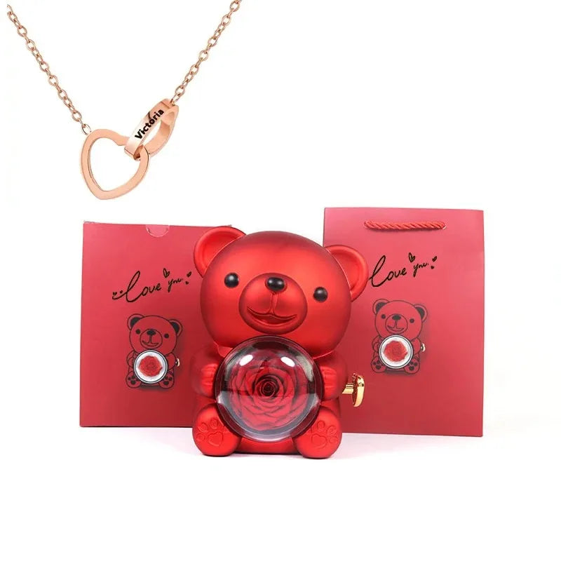 personalized teddy bear rose gift with engraved necklace